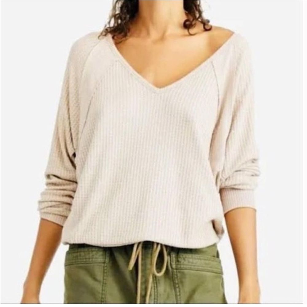 We the Free Oversized Waffle Thermal Santa Clara Long Sleeve VNeck Top Medium